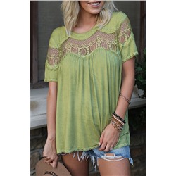 Green Mesh Lace Trim Short Sleeve Top