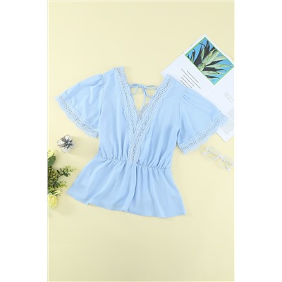 Sky Blue Lace Splicing V Neck Short Sleeve Blouse