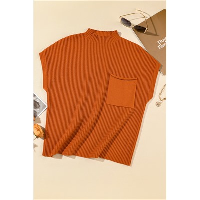 Gold Flame Patch Pocket Ribbed Knit Short Sleeve Sweater