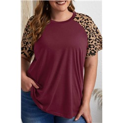 Burgundy Contrast Leopard Raglan Sleeve Plus Size T-shirt