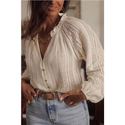 White Plus Size Lace Hollow Out V-Neck Button Up Shirt