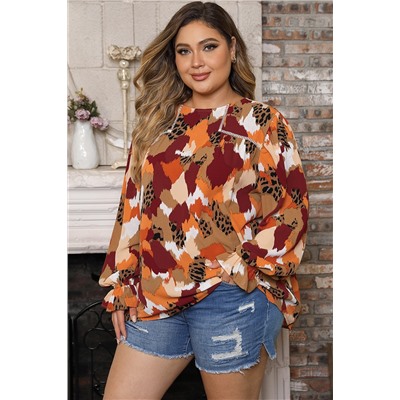 Multicolour Plus Size Abstract Print Puff Sleeve Blouse