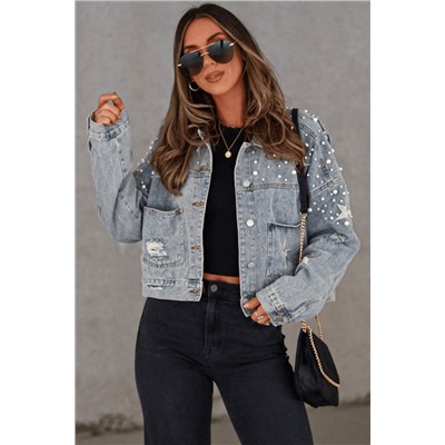 Sky Blue Distressed Pearls Star Cropped Denim Jacket