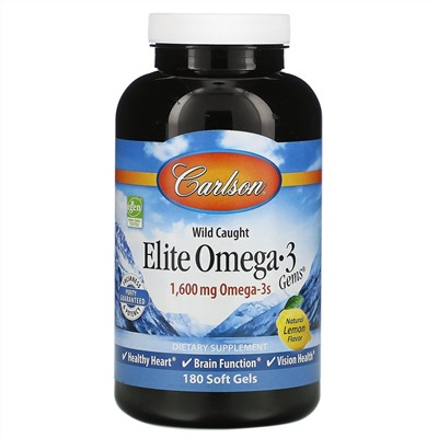 Carlson Labs, Wild Caught, Elite Omega-3 Gems, отборные омега-3 кислоты, натуральный лимонный вкус, 1600 мг, 180 капсул