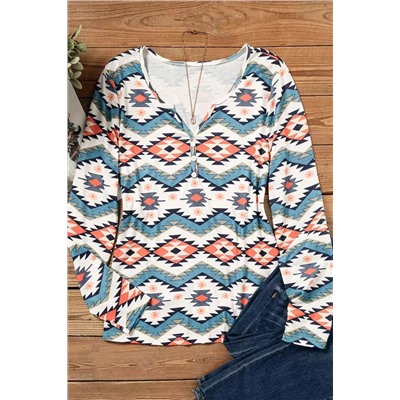 White Aztec Geometric Print Long Sleeve Henley Top