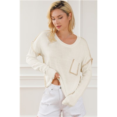 Beige Exposed Stitching Chest Pocket Drop Shoulder Sweater