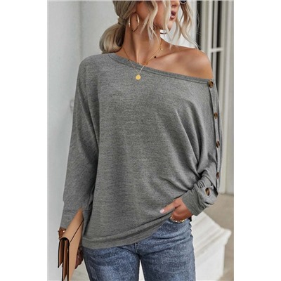 Gray Solid Color Button Decor Dolman Sleeve Top