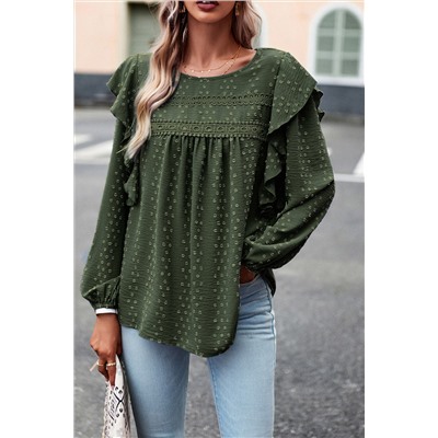 Blackish Green Lace Eyelet Ruffle Shoulder Long Sleeve Blouse