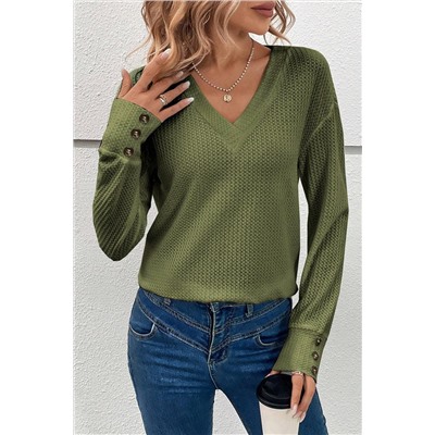 Jungle Green Textured Knit V Neck Button Cuffs Long Sleeve Top