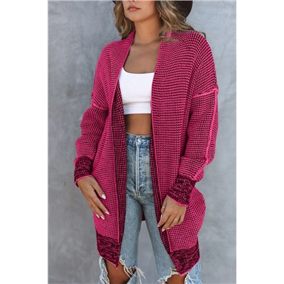 Rose Plaid Knitted Long Open Front Cardigan