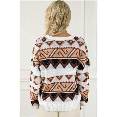 Multicolor Geometric Print Crew Neck Drop Shoulder Sweater