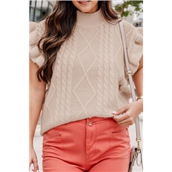 Oatmeal Plus Cable Knit Short Ruffled Sleeve Mock Neck Sweater