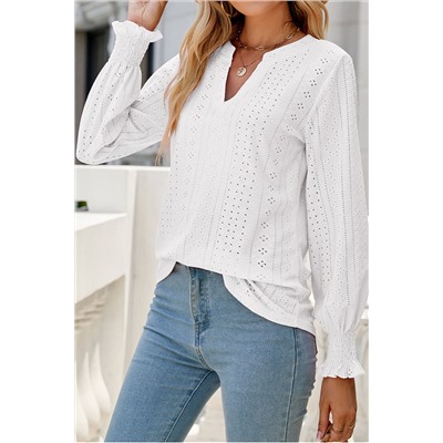 White Split Neck Textured Loose Blouse