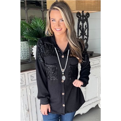 Black Sequin Patch Chest Pocket Corded Shacket