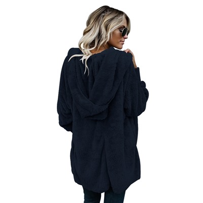 Темно-синяя флисовая куртка-худи в стиле оверсайз без застежки и с карманами