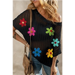 Black Crochet Flower Hollow-out Sweater T Shirt