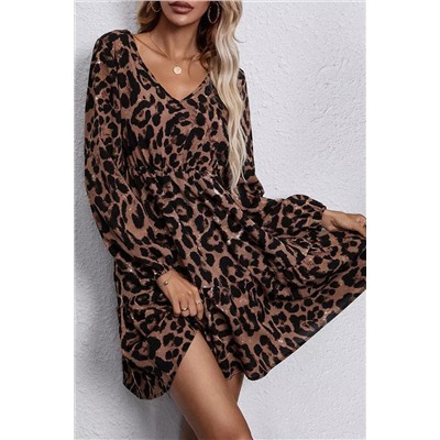 Леопардовое платье с V-образным вырезом и длинным рукавом