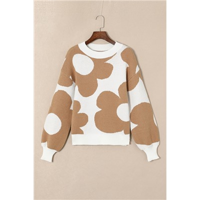 Khaki Big Flower Pattern Drop Shoulder Sweater