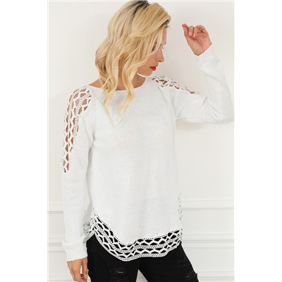 White Solid Scoop Neck Hollow Out Sweater