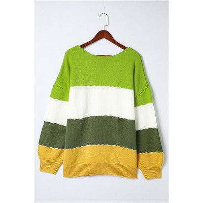 Green Plus Size Color Block Patchwork Sweater