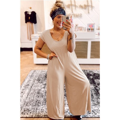 Light French Beige Cap Sleeve Round Neck Curvy Wide Leg Jumpsuit