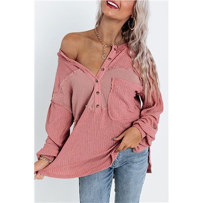 Pink Frayed Patchwork Waffle Knit Top