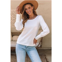 White Ribbed Bishop Sleeve Round Neck Top