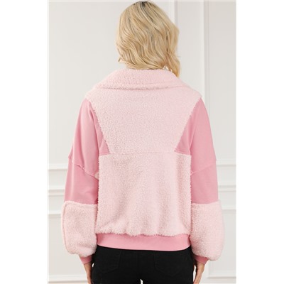 Pink Exposed Seam Fuzzy Patchwork Zip Neck Sweatshirt