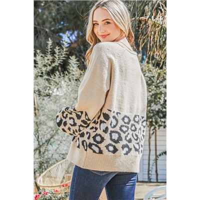 Khaki Leopard Patchwork Knitted Puff Sleeve Sweater