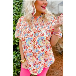 Multicolor Abstract Print Smocked Puff Sleeves Blouse