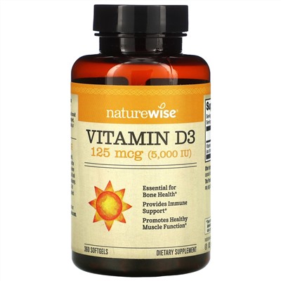 NatureWise, витамин D3, 125 мкг (5000 МЕ), 360 капсул