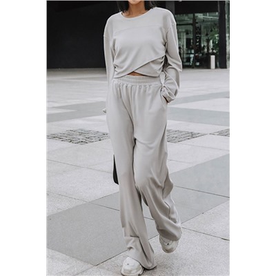 Light Grey Solid Criss Cross Crop Top and Pants Active Set