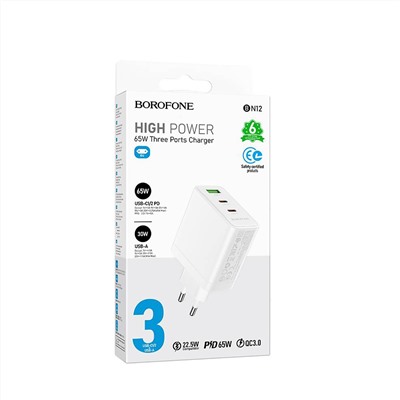 Адаптер Сетевой Borofone BN12 Manager PD 2Type-C/USB 65W (white)