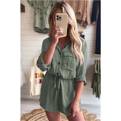 Jungle Green Roll up Sleeve Flap Pockets Drawstring Playsuit