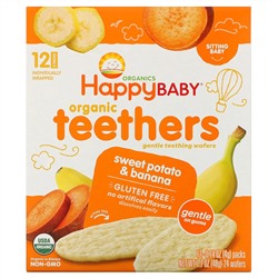 Happy Family Organics, Organic Teethers, вафли для мягкого прорезывания зубов у сидящих малышей, батат и банан, 12 пакетиков по 4 г (0,14 унции)