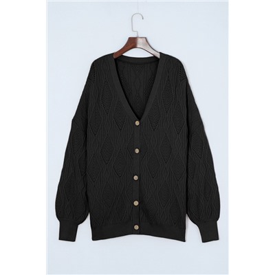 Black Plus Size Knitted Hollow out Button up Cardigan