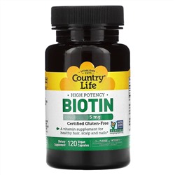 Country Life, высокоэффективный биотин, 5 мг, 120 вегетарианских капсул