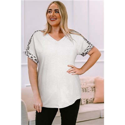 White Plus Leopard Splicing V Neck Short Sleeve Top