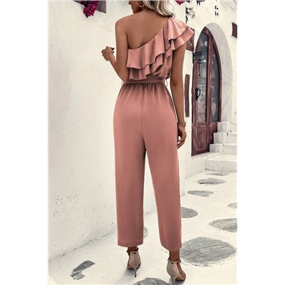 Dusty Pink One Shoulder Ruffle Trim Belted Jumpsuit