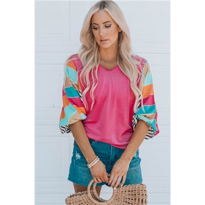 Rose Stripe Color Block Bubble Sleeve Top