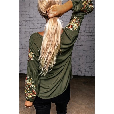 Green Floral Embroidery Long Sleeve Top