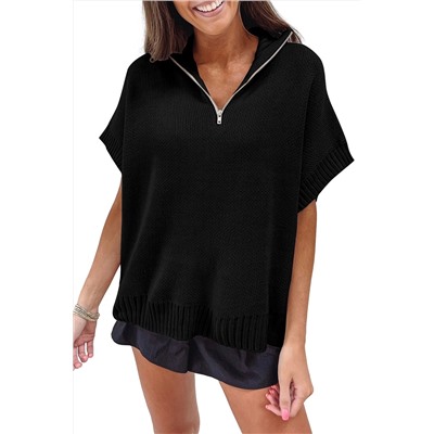 Black Quarter Zip Short Batwing Sleeve Sweater