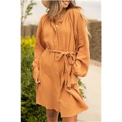 Оранжевое платье-рубашка из вафельного трикотажа с поясом на талии