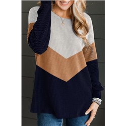 Navy Blue Color Block Corded Texture Long Sleeve Top