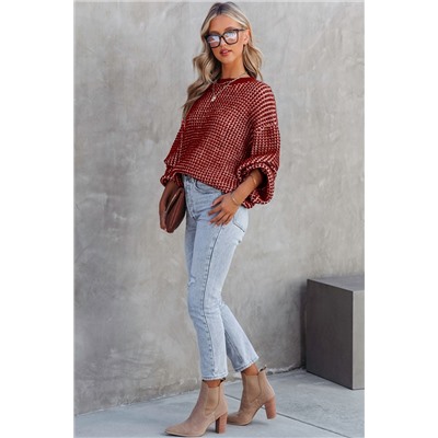 Red Heathered Knit Drop Shoulder Puff Sleeve Sweater