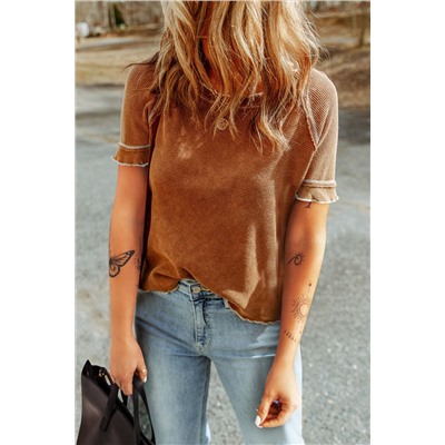 Chestnut Contrast Seam Frilly Edge Waffle Knit T-shirt