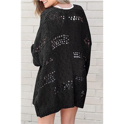 Black Casual Hollowed Knit Dolman Sleeve Cardigan