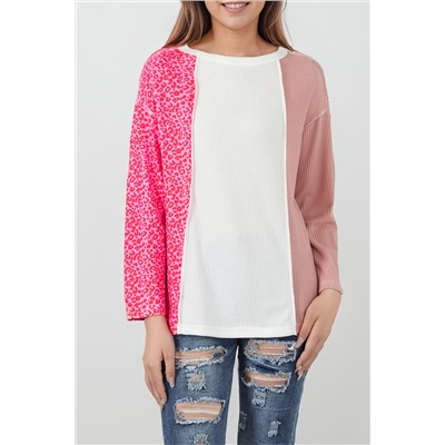 Pink Waffle Knit Exposed Seam Leopard Colorblock Print Top