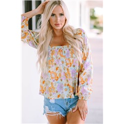 Multicolor Floral Square Neck Puff Sleeve Babydoll Blouse