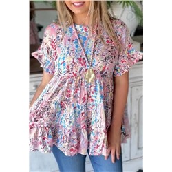 Pink Floral Print Ruffle Sleeve Babydoll Top